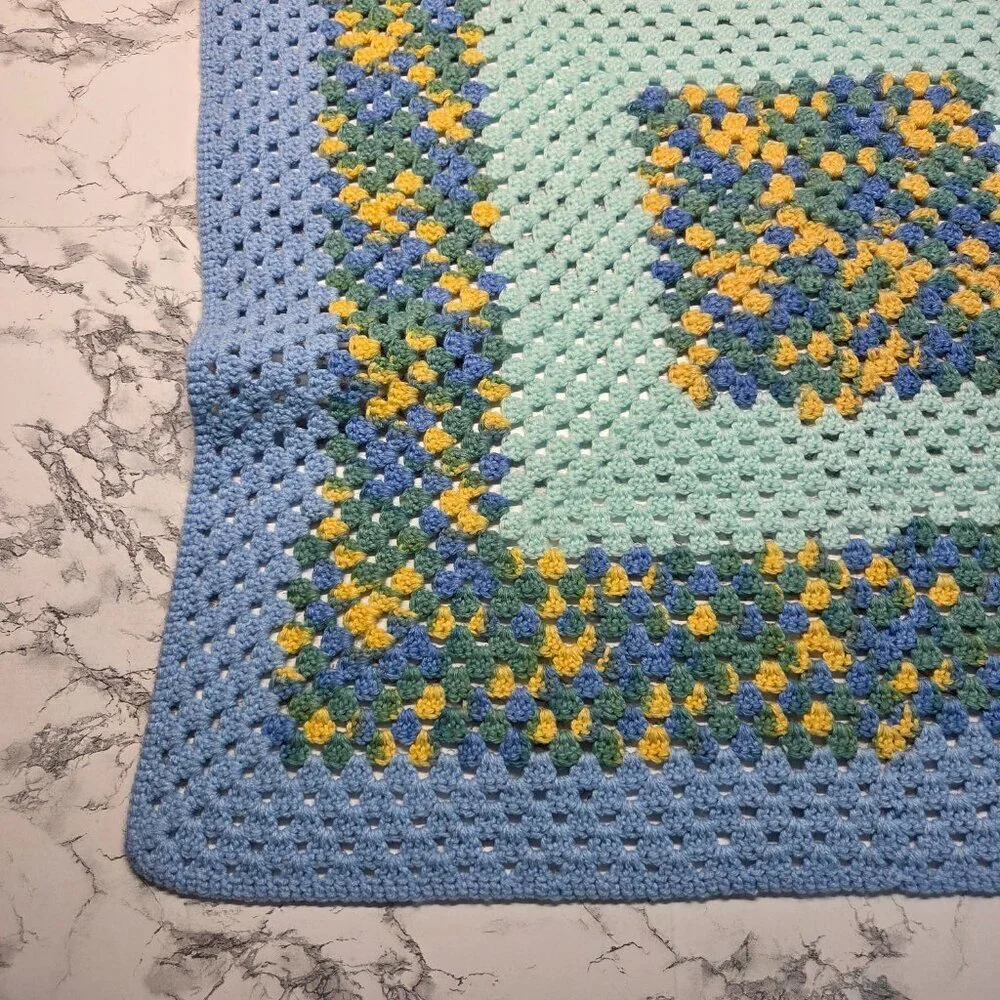 Handmade Blue Yellow Crocheted Granny Patch Baby Blanket Throw